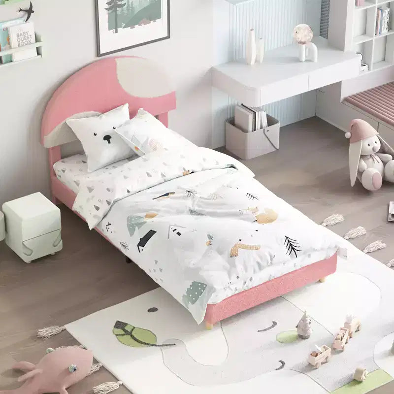 Marco de Cama Tapizado en Arco para Niños Azul/Rosa+Blanco — Individual, 1 Plaza