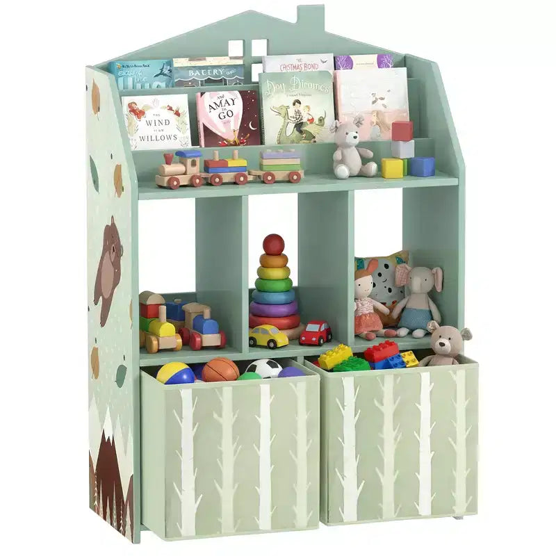 Qaba Kids Bookshelf with Toy Storage, Children's Bookcase with Book Display, Shelves and Fabric Drawers, Toy Organizer for Playroom and Nursery, Green