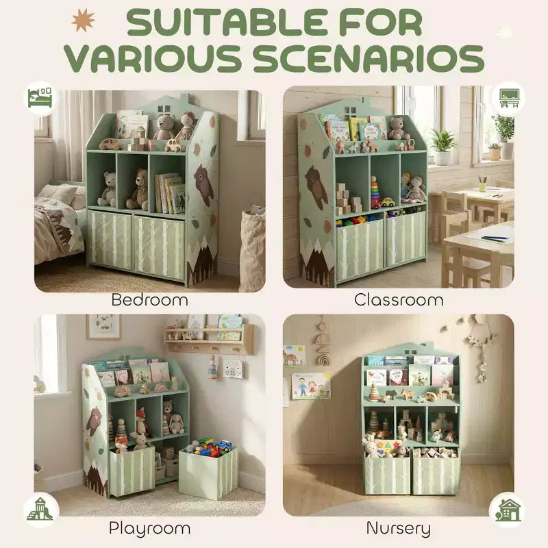 Organizador de juguetes 3 en 1 verde para niños con estantería y cajones de tela, a partir de 3 años