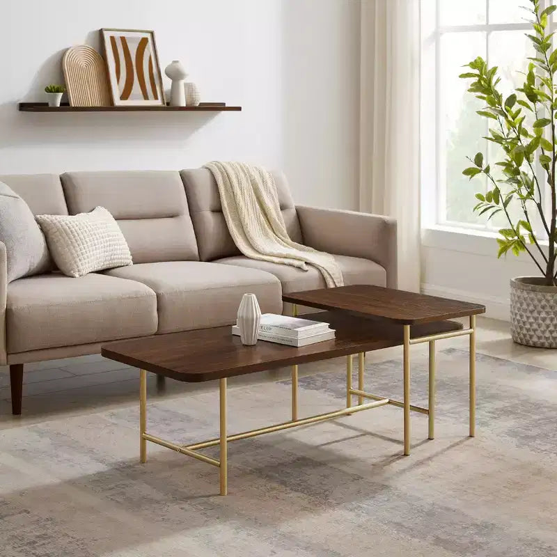 Modern Metal and Wood Rectangle Nesting Coffee Tables