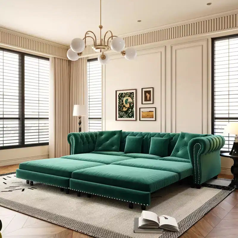 Chesterfield 3-in-1 Convertible Sofa Bed, King Size Pull-Out Sleeper Sofa with Chaise & Movable Ottoman, Velvet Tufted 3-Seater Couch, Emerald Green
