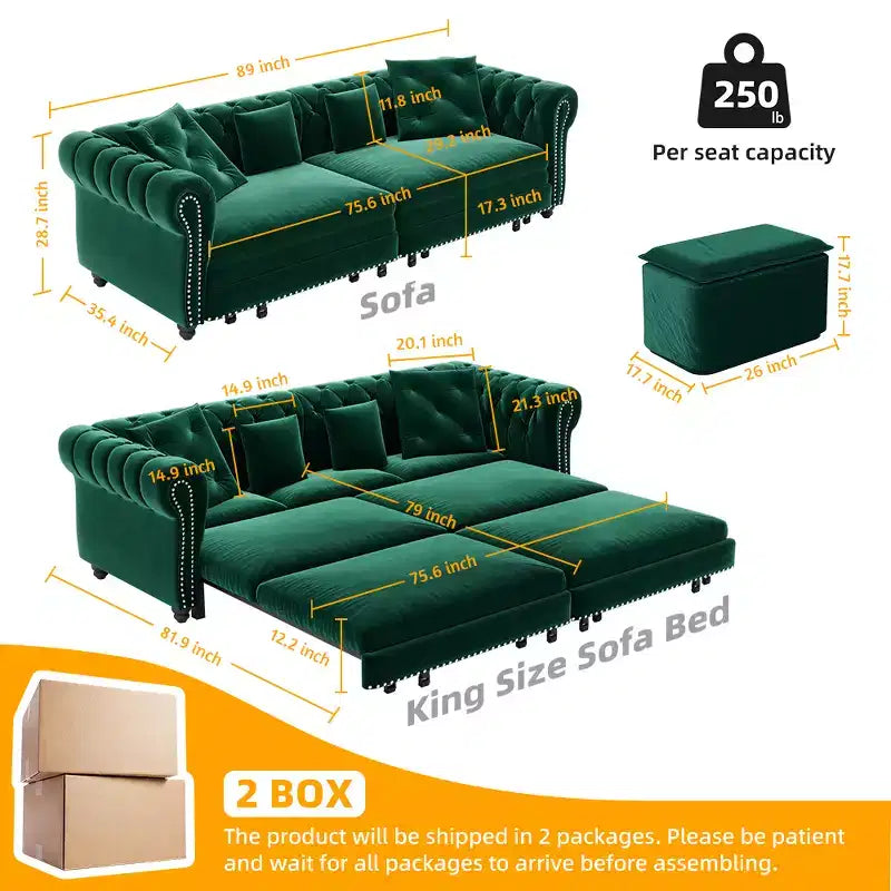 Sofá Cama Convertible 3 en 1 de 3 plazas, Verde Esmeralda