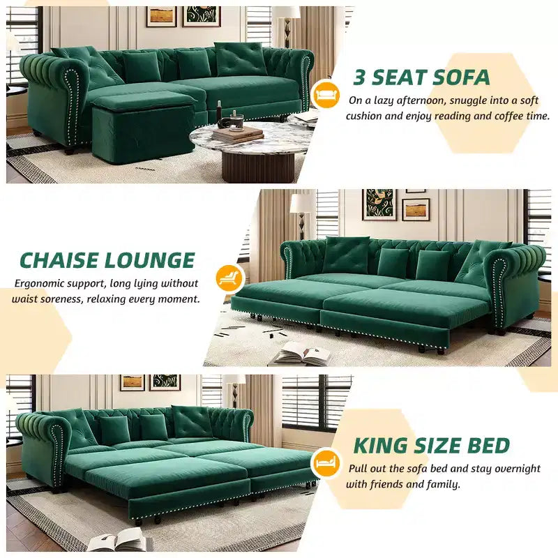 Sofá Cama Convertible 3 en 1 de 3 plazas, Verde Esmeralda