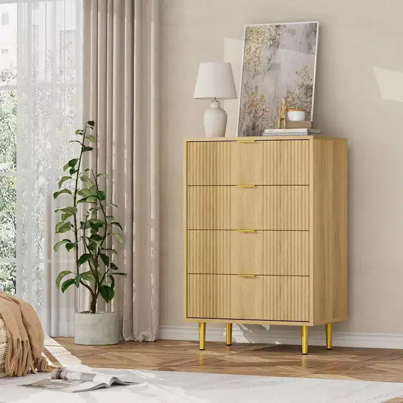 Cómoda alta de 5 cajones estriada en veta de madera natural / verde oliva / blanco cálido