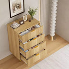 Cómoda alta de 5 cajones estriada en veta de madera natural / verde oliva / blanco cálido