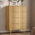 Cómoda alta de 5 cajones estriada en veta de madera natural / verde oliva / blanco cálido