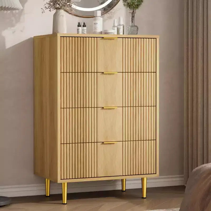 Cómoda alta de 5 cajones estriada en veta de madera natural / verde oliva / blanco cálido