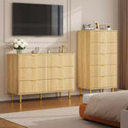Cómoda alta de 5 cajones estriada en veta de madera natural / verde oliva / blanco cálido