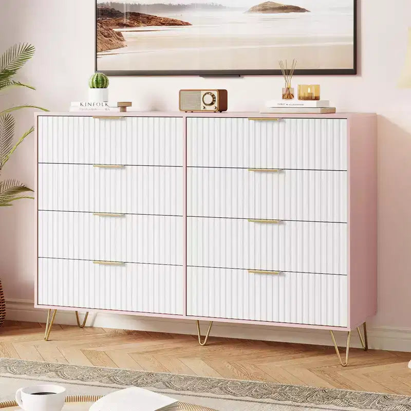 Cómoda acanalada de 8 cajones negra / rosa / blanca — Arcón de almacenamiento de 55" de ancho