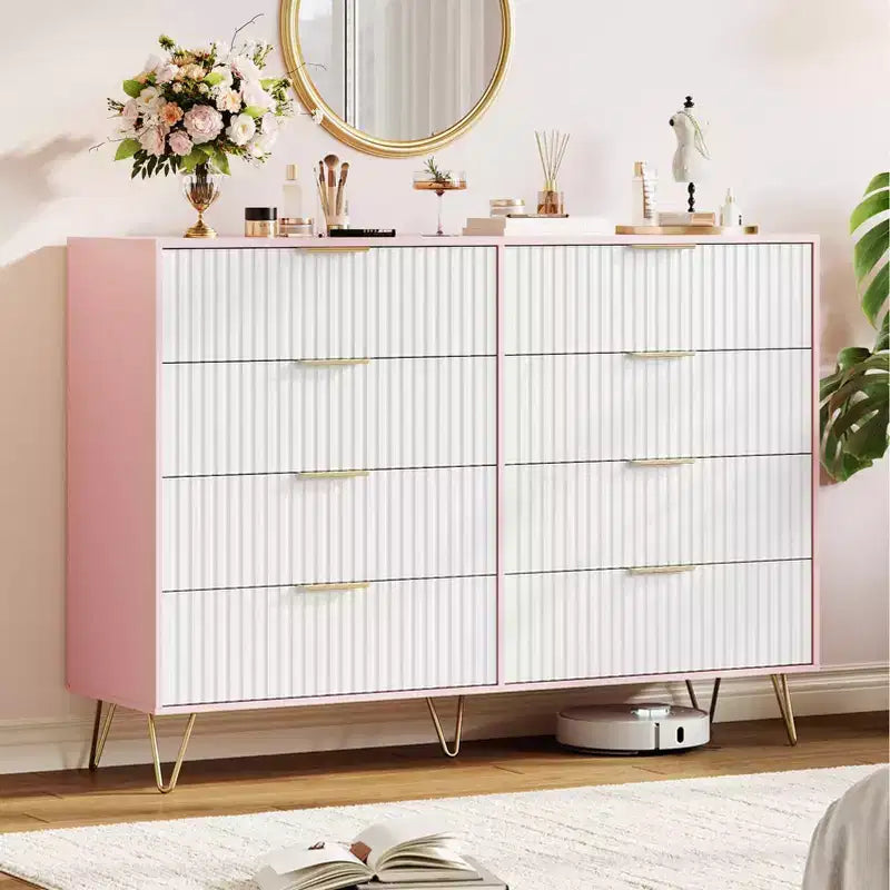 Cómoda acanalada de 8 cajones negra / rosa / blanca — Arcón de almacenamiento de 55" de ancho