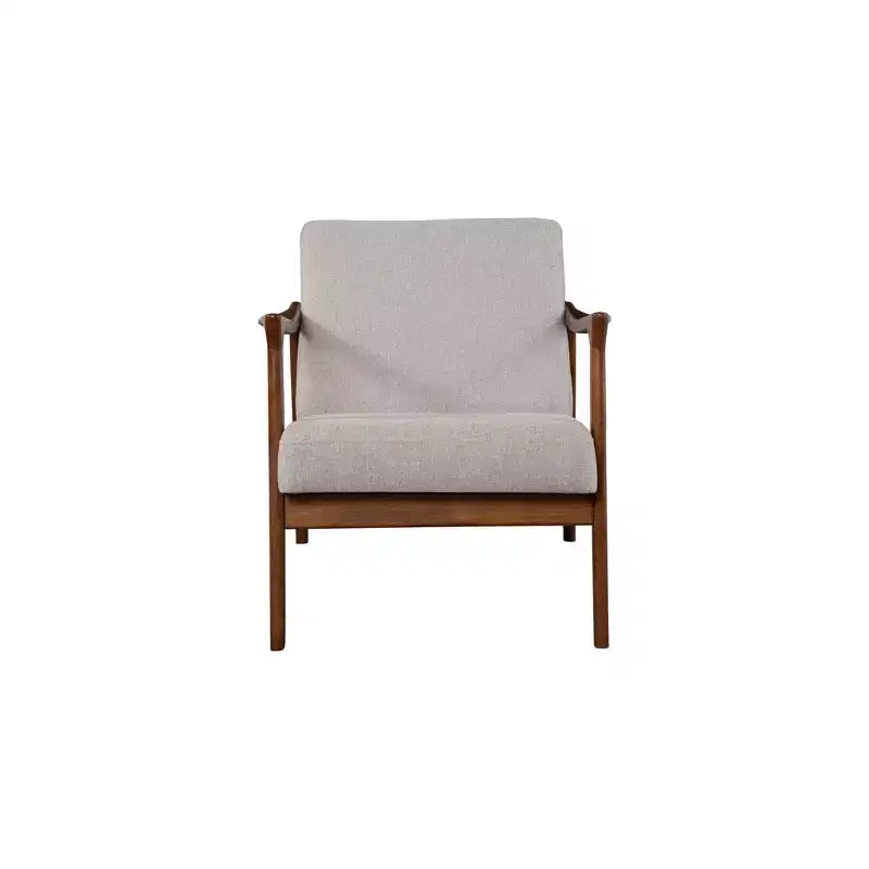 Sillón individual tapizado en gris con estructura de madera