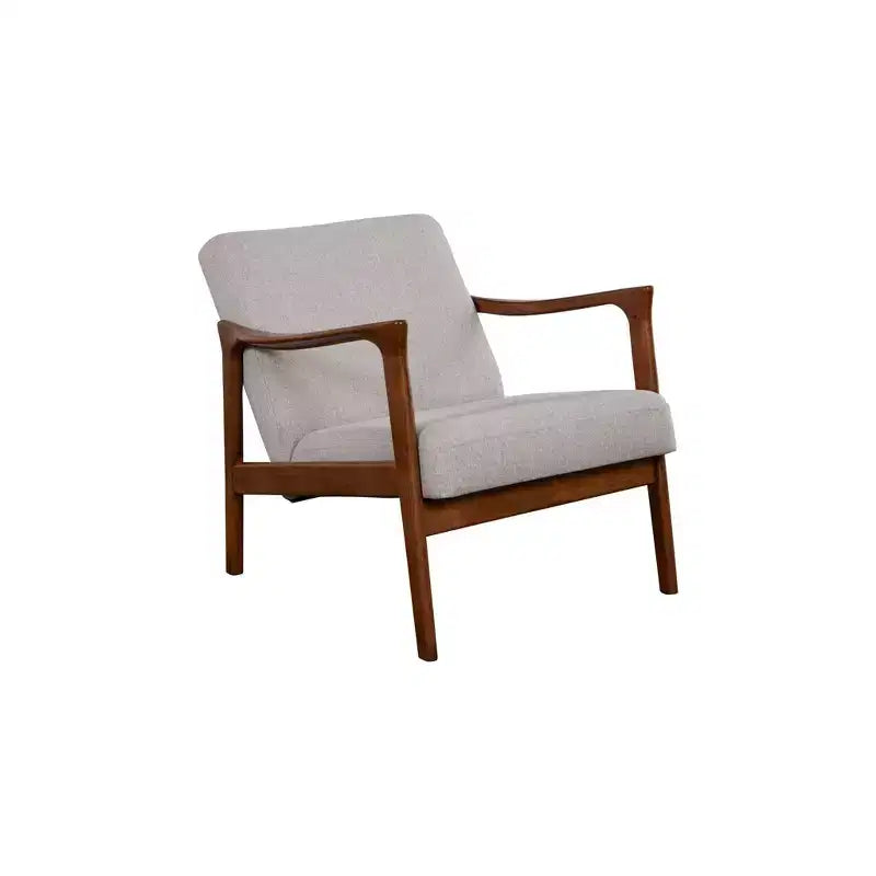 Sillón individual tapizado en gris con estructura de madera
