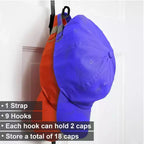Estante negro para gorras de 9 ganchos para colgar sobre la puerta, con capacidad para 16 gorras