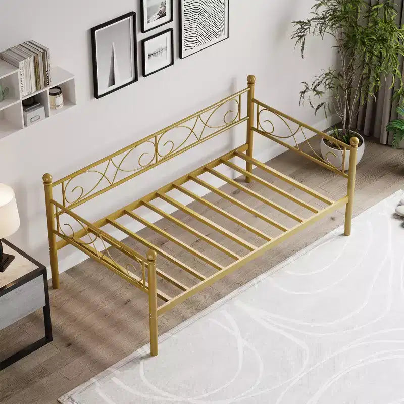 Base de cama de metal individual dorada/blanca/negra con cabecero, plataforma de listones de acero