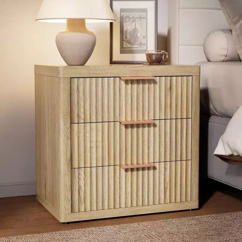 Night Stand with 3 Drawers, Fluted Bed Side Table with Metal Handle, End Table Tall Nightstand for Bedroom, Living Room, Office