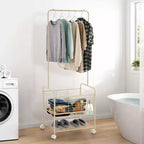 Rolling Metal Clothes Rack with Wheels, Shelves & Basket, Portable Garment Laundry Cart for Laundry Room, Bathroom, Bedroom