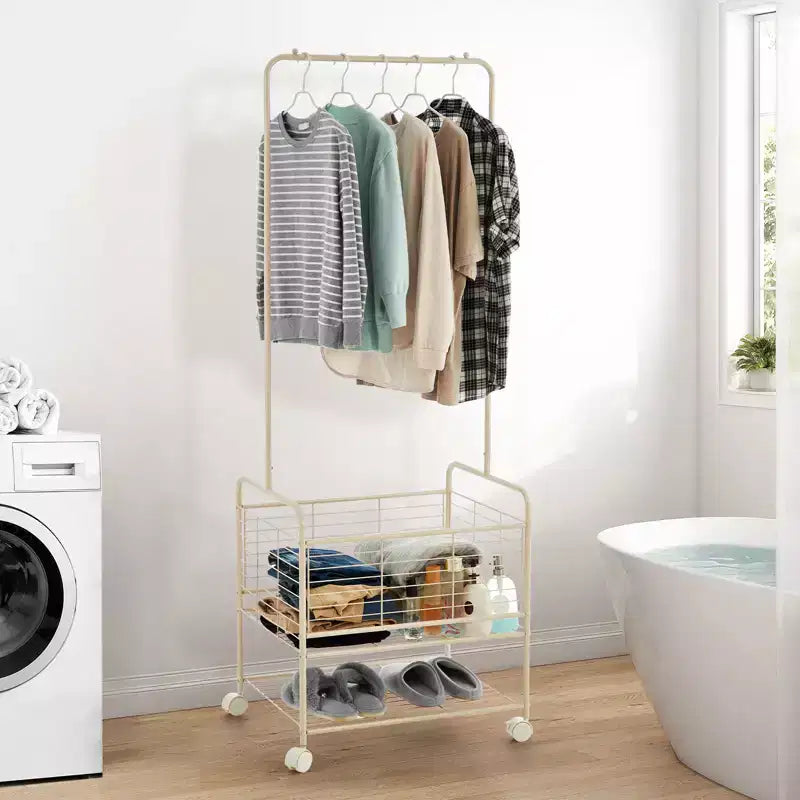 Rolling Metal Clothes Rack with Wheels, Shelves & Basket, Portable Garment Laundry Cart for Laundry Room, Bathroom, Bedroom