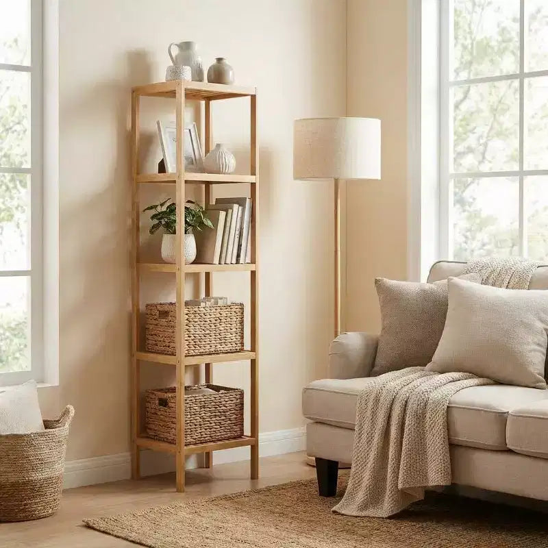 Estantería Estrecha de 5 Niveles de Madera Natural – De Listones, de Pie, Montaje por una Sola Persona
