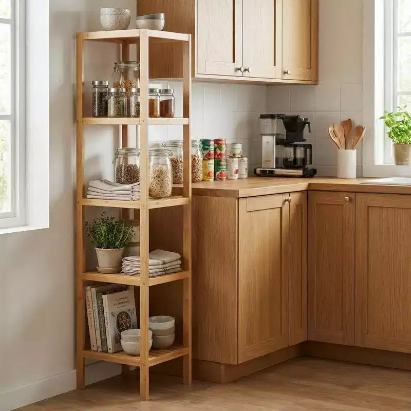 Estantería Estrecha de 5 Niveles de Madera Natural – De Listones, de Pie, Montaje por una Sola Persona