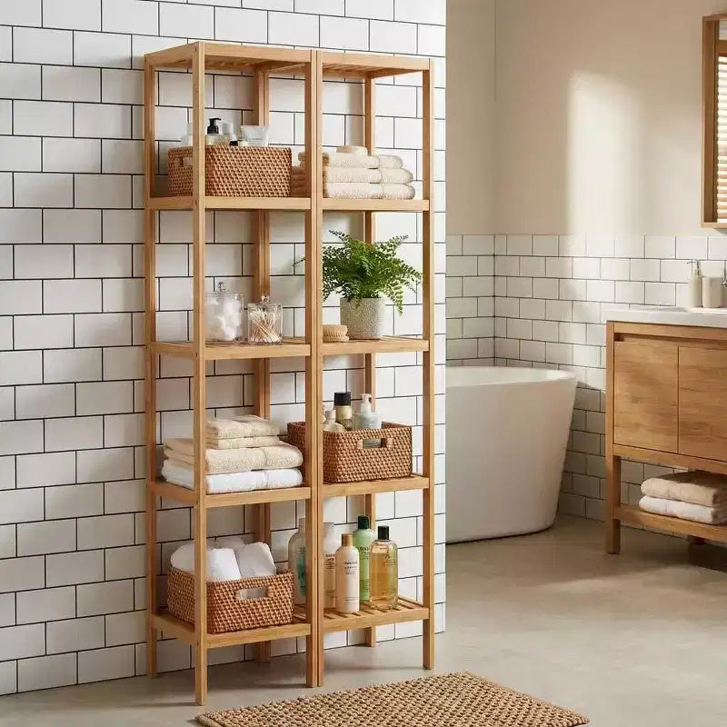 Estantería Estrecha de 5 Niveles de Madera Natural – De Listones, de Pie, Montaje por una Sola Persona