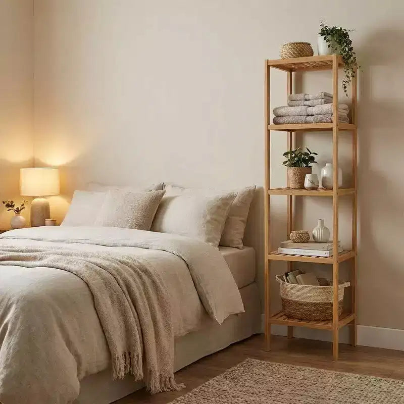 Estantería Estrecha de 5 Niveles de Madera Natural – De Listones, de Pie, Montaje por una Sola Persona