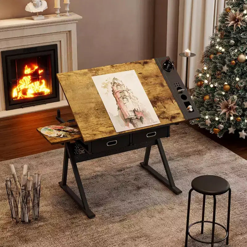 Mesa de dibujo ajustable beige/marrón con taburete, 1 persona