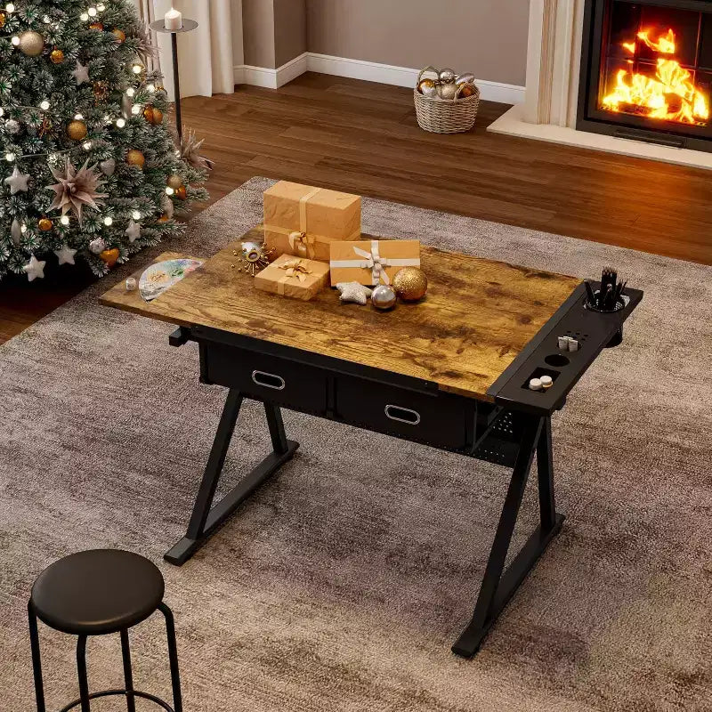 Mesa de dibujo ajustable beige/marrón con taburete, 1 persona