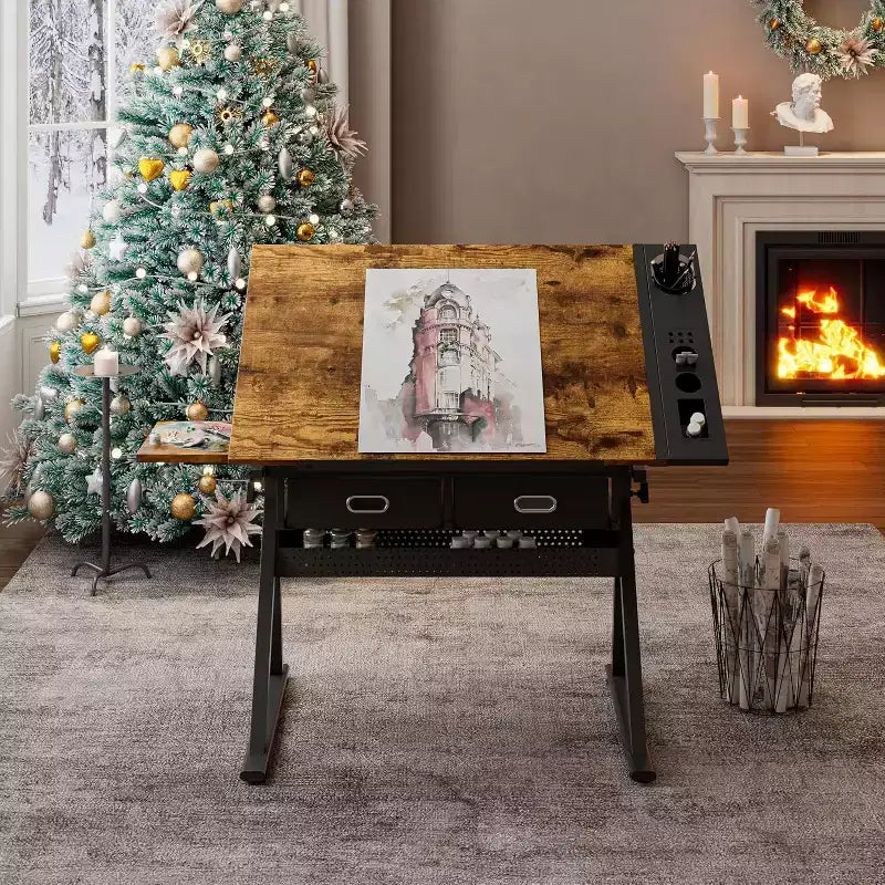 Mesa de dibujo ajustable beige/marrón con taburete, 1 persona
