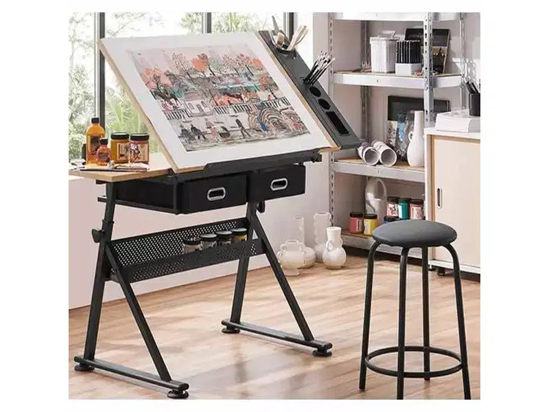 Mesa de dibujo ajustable beige/marrón con taburete, 1 persona