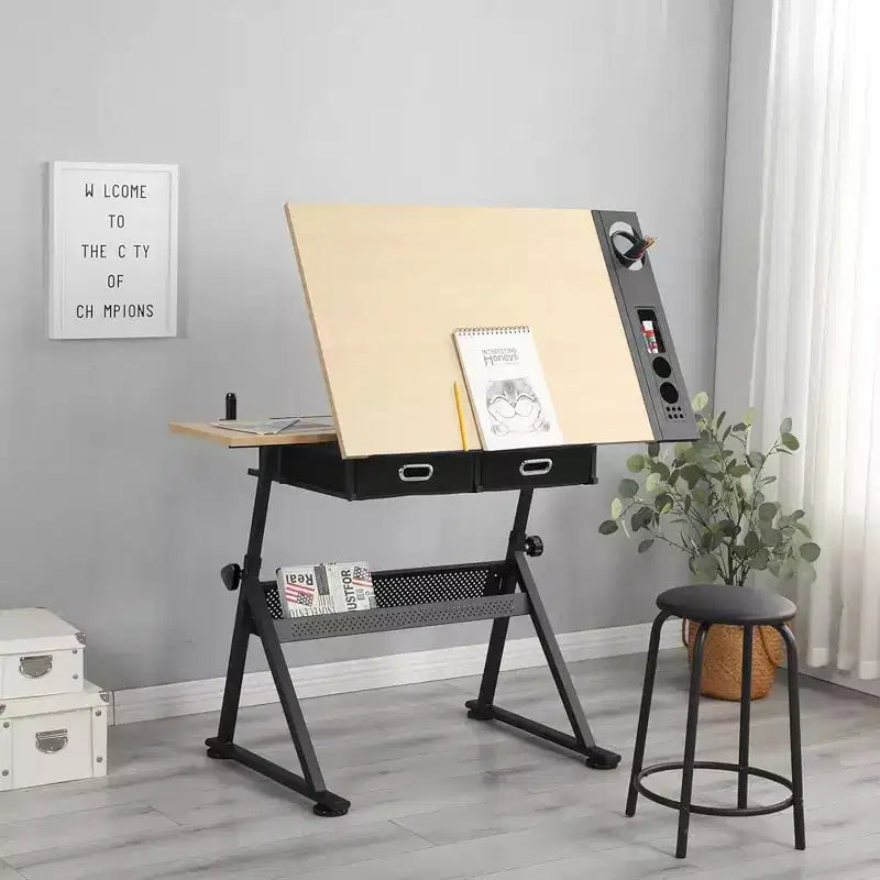 Mesa de dibujo ajustable beige/marrón con taburete, 1 persona
