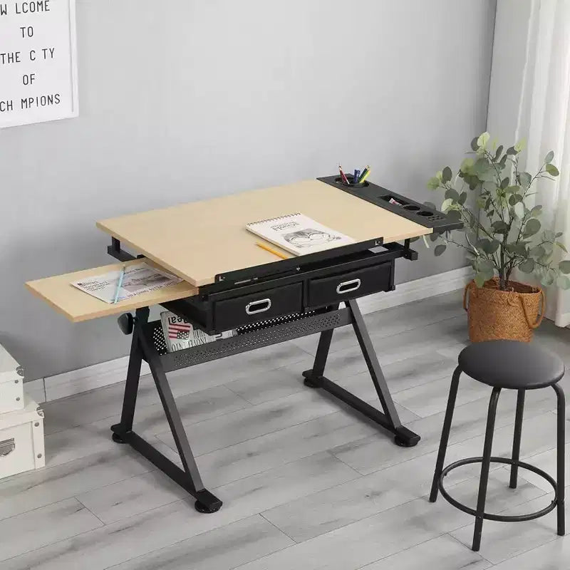 Mesa de dibujo ajustable beige/marrón con taburete, 1 persona