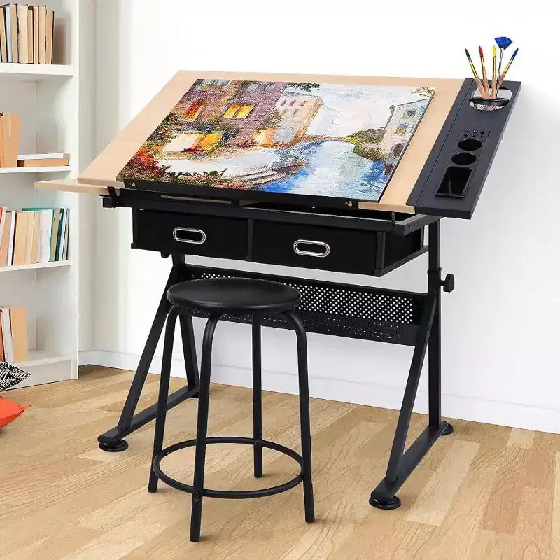 Mesa de dibujo ajustable beige/marrón con taburete, 1 persona