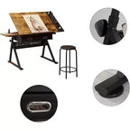 Mesa de dibujo ajustable beige/marrón con taburete, 1 persona