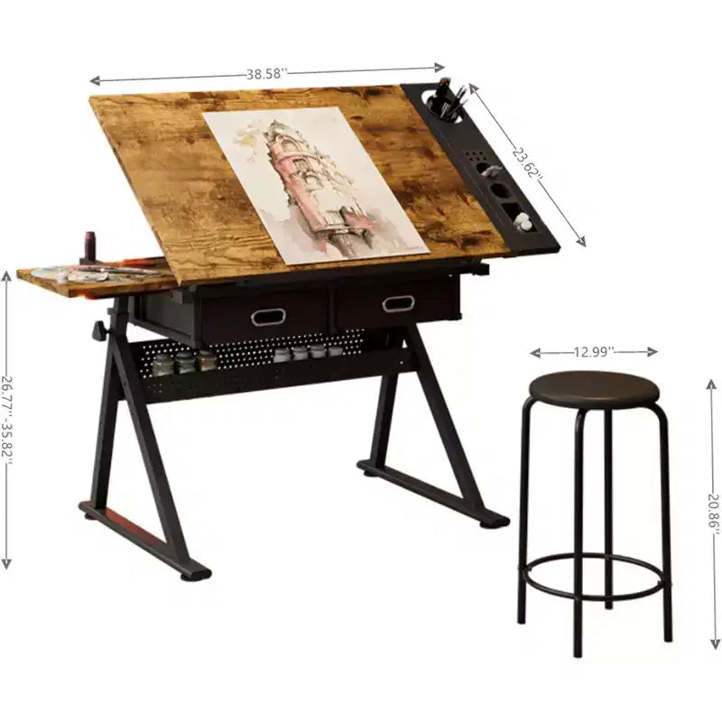 Mesa de dibujo ajustable beige/marrón con taburete, 1 persona
