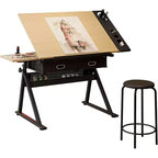 Adjustable Height Drafting Table, 2 Storage Drawers & Stool, Multipurpose Artist Desk, for Home, Office