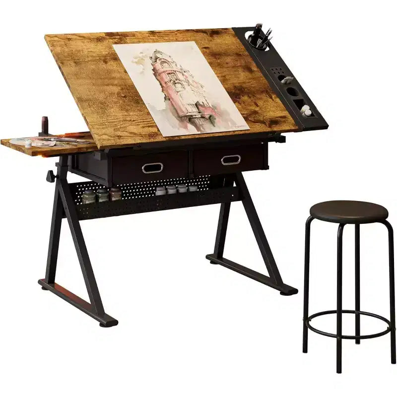 Mesa de dibujo ajustable beige/marrón con taburete, 1 persona