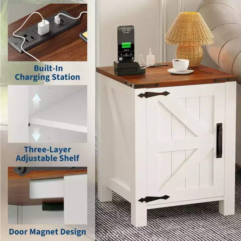 Mesita de noche rústica marrón estilo casa de campo, estilo puerta corredera de granero, juego de 2, con estación de carga USB