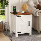 Mesita de noche rústica marrón estilo casa de campo, estilo puerta corredera de granero, juego de 2, con estación de carga USB