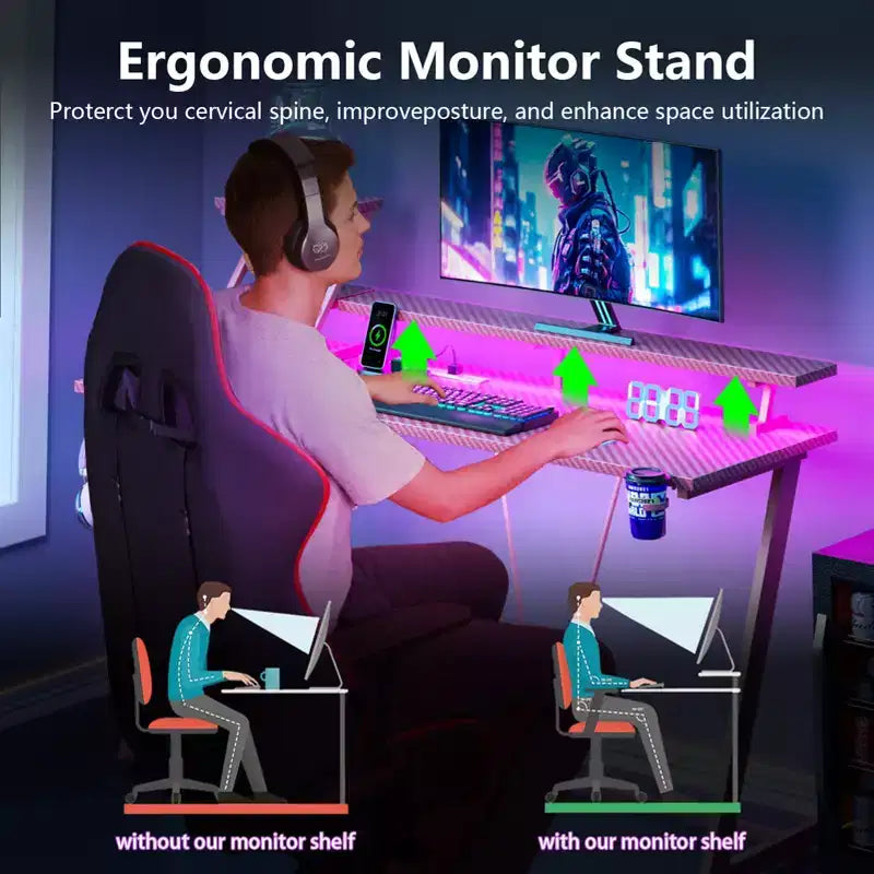 Escritorio Gaming en L rosa de fibra de carbono con soporte para monitor — 1 Persona