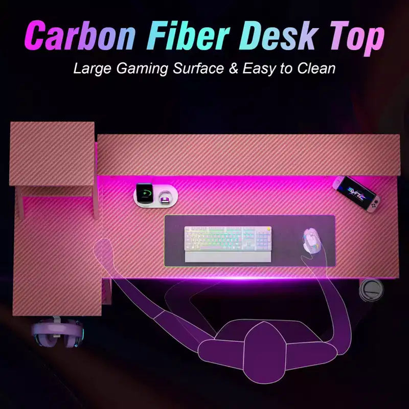 Escritorio Gaming en L rosa de fibra de carbono con soporte para monitor — 1 Persona