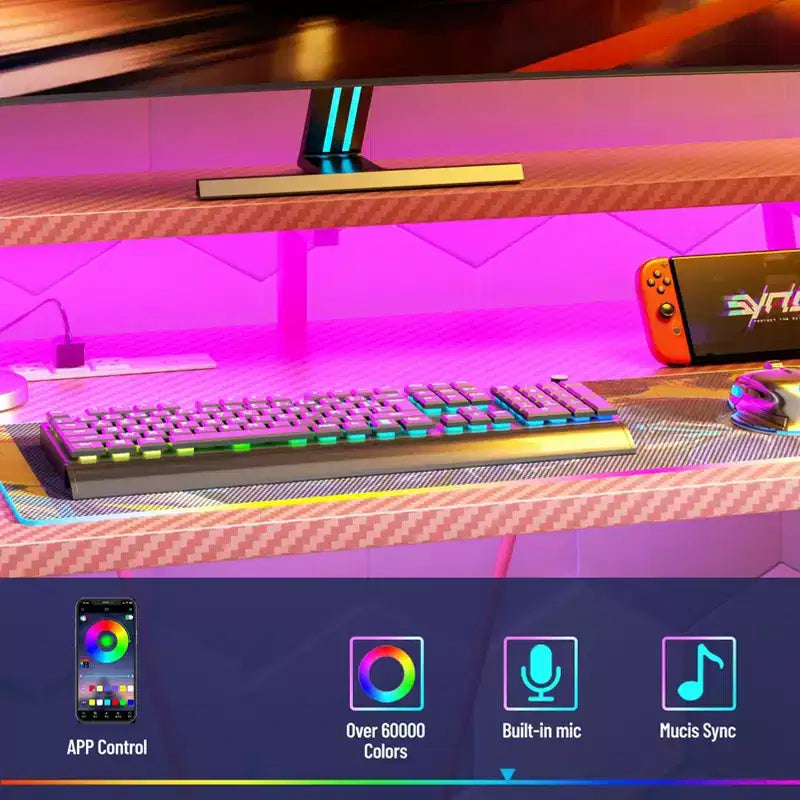 Escritorio Gaming en L rosa de fibra de carbono con soporte para monitor — 1 Persona