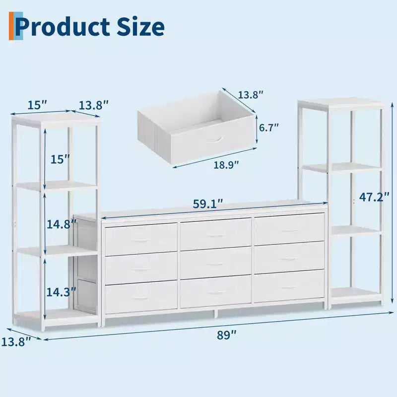 Mueble de TV industrial blanco y negro - 9 cajones de tela y estantes abiertos, apto para televisores de hasta 75"