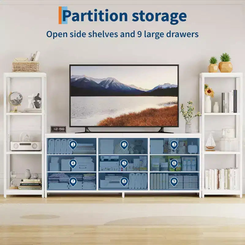 Mueble de TV industrial blanco y negro - 9 cajones de tela y estantes abiertos, apto para televisores de hasta 75"