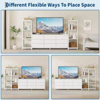 Mueble de TV industrial blanco y negro - 9 cajones de tela y estantes abiertos, apto para televisores de hasta 75"