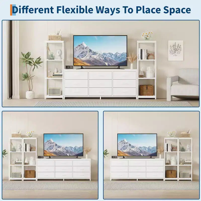 Mueble de TV industrial blanco y negro - 9 cajones de tela y estantes abiertos, apto para televisores de hasta 75"
