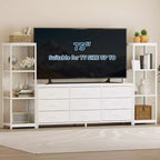 Mueble de TV industrial blanco y negro - 9 cajones de tela y estantes abiertos, apto para televisores de hasta 75"