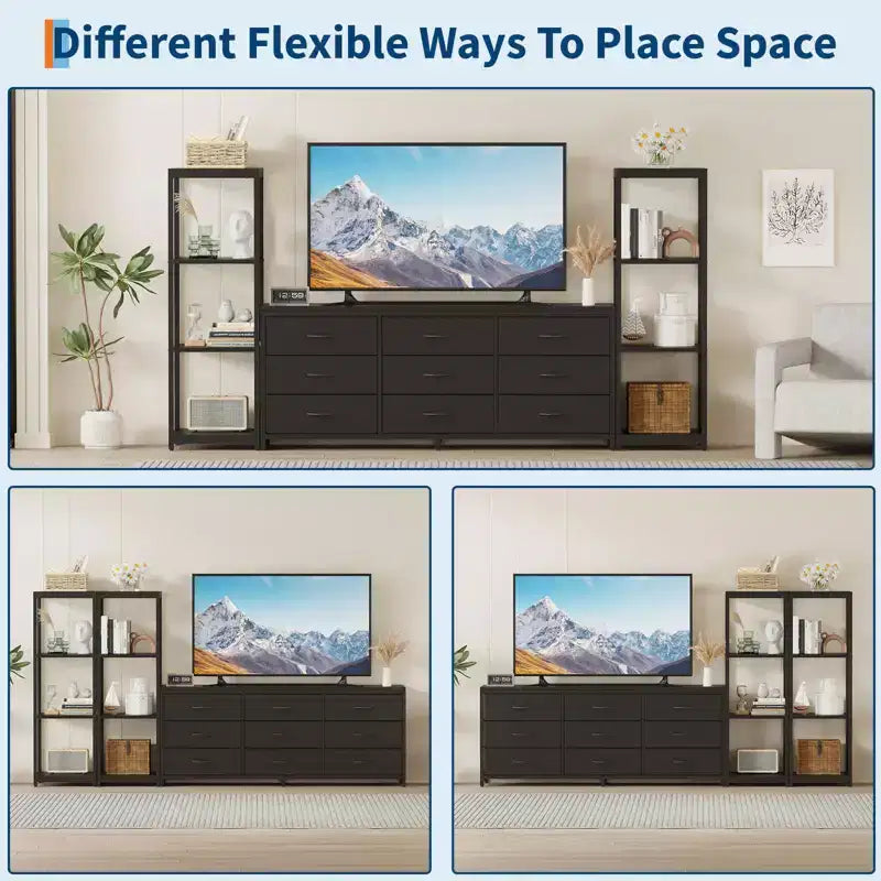 Mueble de TV industrial blanco y negro - 9 cajones de tela y estantes abiertos, apto para televisores de hasta 75"