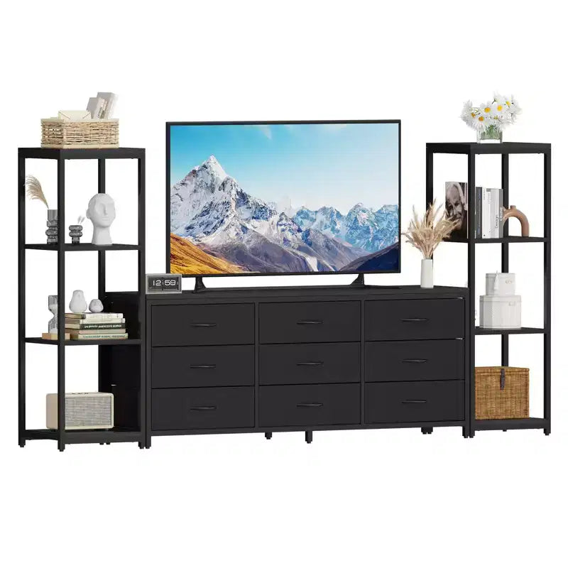 Mueble de TV industrial blanco y negro - 9 cajones de tela y estantes abiertos, apto para televisores de hasta 75"