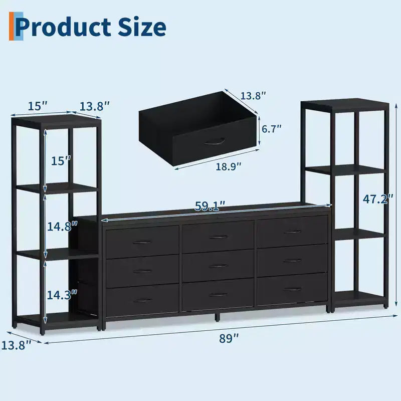 Mueble de TV industrial blanco y negro - 9 cajones de tela y estantes abiertos, apto para televisores de hasta 75"