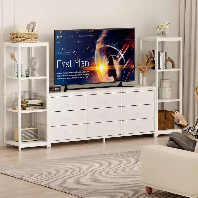 Mueble de TV industrial blanco y negro - 9 cajones de tela y estantes abiertos, apto para televisores de hasta 75"
